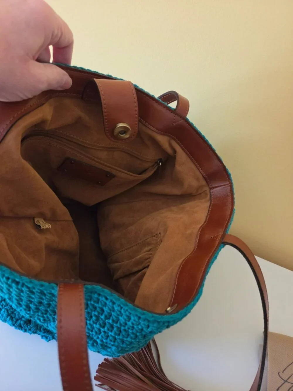 Patricia Nash NWT Teal Crochet Tote Leather Trim Tassel Dust Bag - Picture 3 of 4